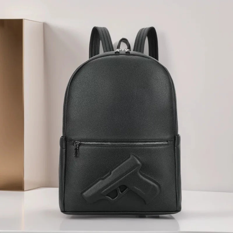 Genuine Leather Men's Backpack with Embossed Detail
