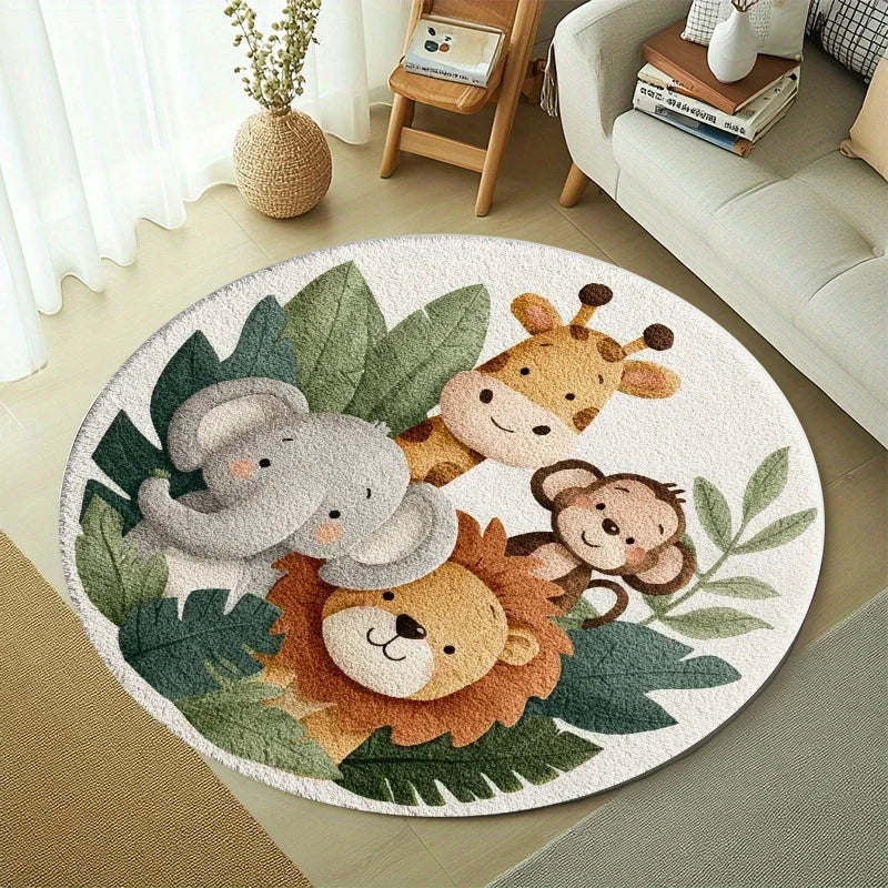Cartoon Jungle Animal Round Rug – Non-Slip Soft Kids Play Mat