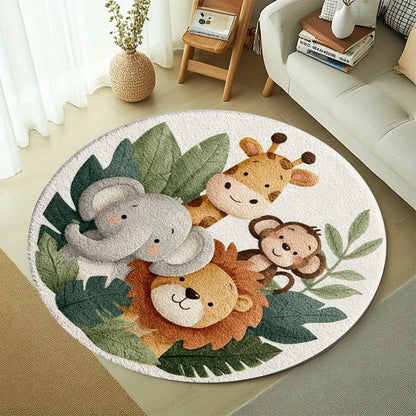 Cartoon Jungle Animal Round Rug – Non-Slip Soft Kids Play Mat