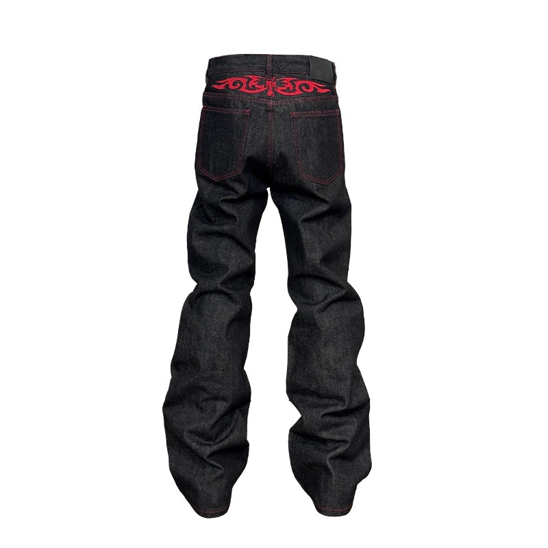 Mens Jeans Tattoo Letter Embroidery Black Red Denim Pants Harajuku Unisex Straight Leg Slight Flare