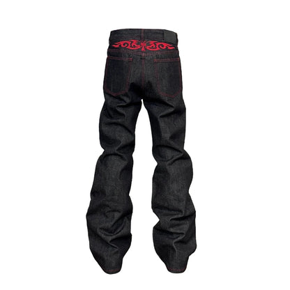 Mens Jeans Tattoo Letter Embroidery Black Red Denim Pants Harajuku Unisex Straight Leg Slight Flare
