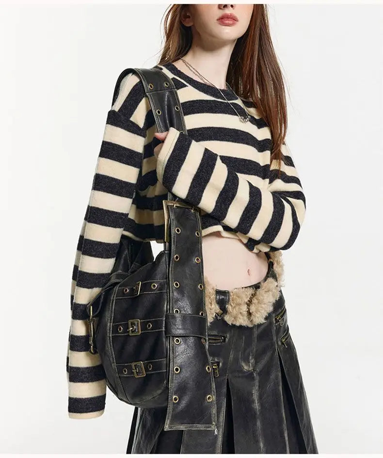 Vintage Rivet Black Handbag Women Y2k Grunge Leather