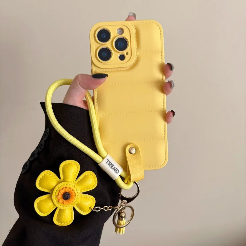 Quilted Puffer iPhone Case with Flower Wrist Strap – Candy Colors