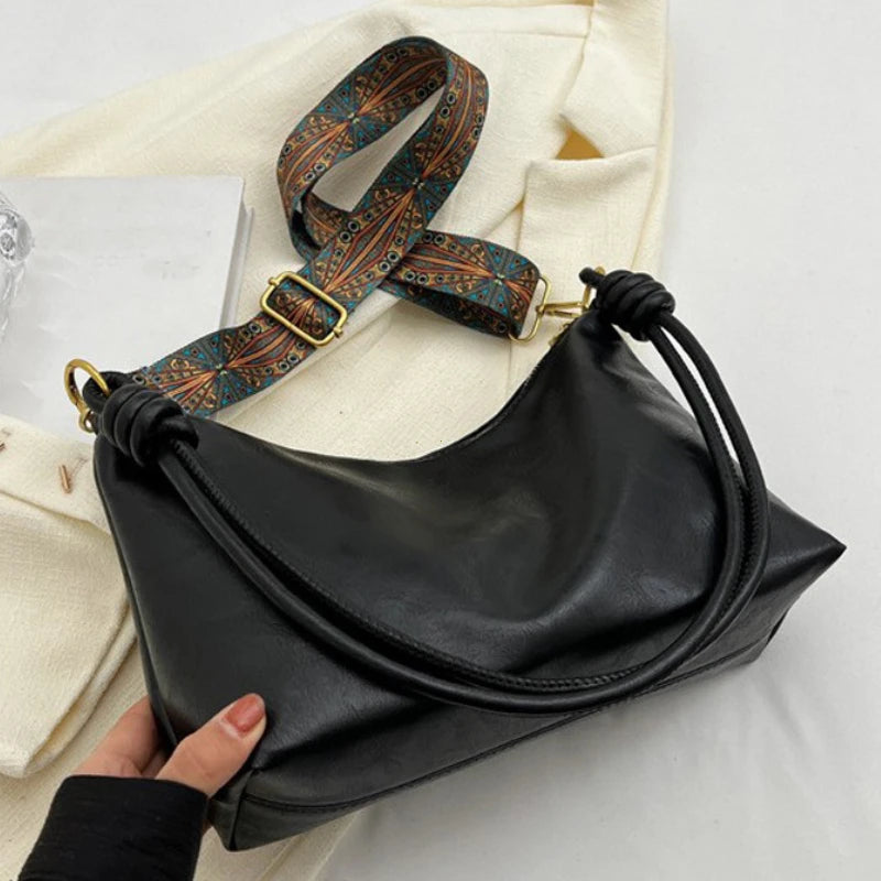 Soft Leather Geometric Wide Strap Shoulder Bag