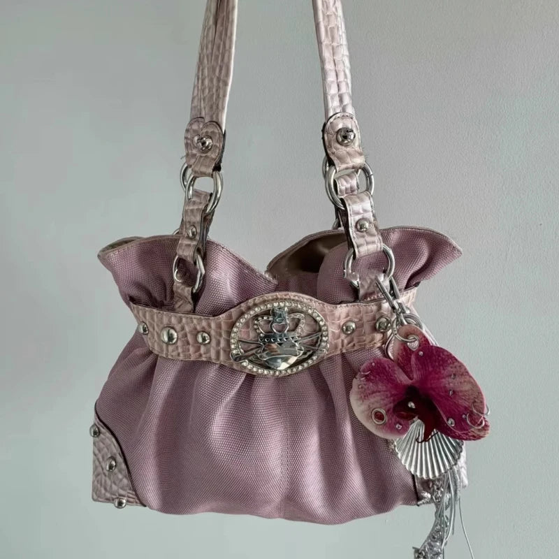 Retro Y2k Rivet Underarm Bag Women Brand Belt Buckle Shoulder Handbag