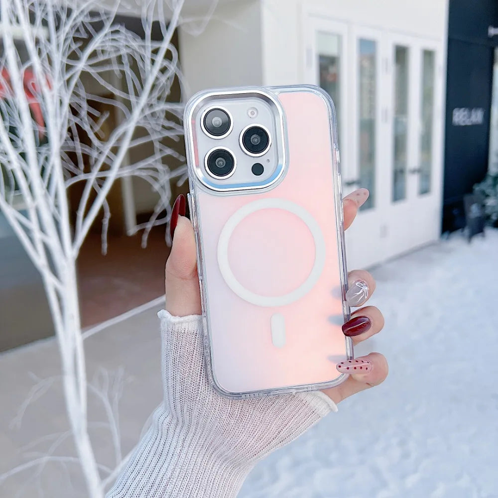 MagSafe Clear Aurora iPhone Case – Metal Lens Frame, Wireless Charging