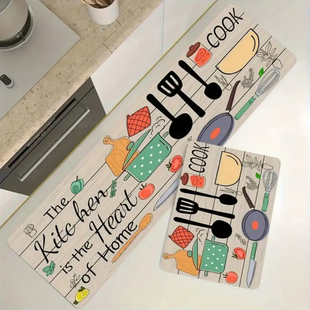 Kitchen Floor Mat Set – Wood-Grain Print, 2-Piece Home Decor Rug