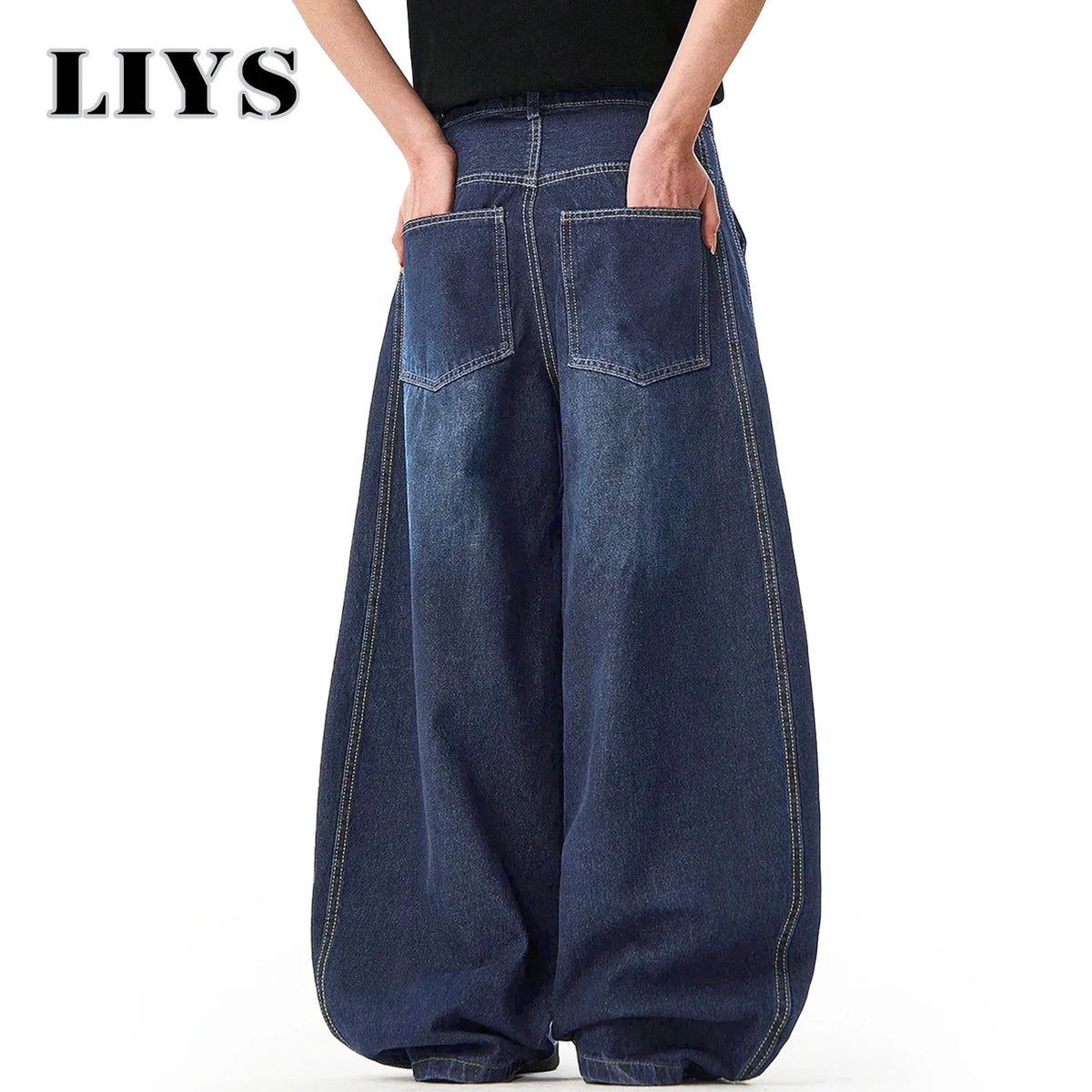 Men S American Retro Blue Loose Machete Wide Leg Jeans Unisex Baggy Straight Sickle Denim Pants