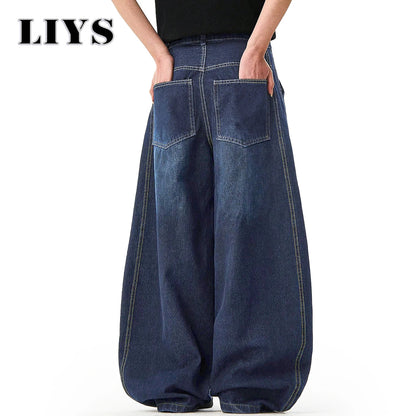 Men S American Retro Blue Loose Machete Wide Leg Jeans Unisex Baggy Straight Sickle Denim Pants