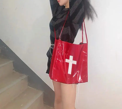 Retro Gothic Cross Y2k Handbag Women Hot Girls PU Leather Large Capacity