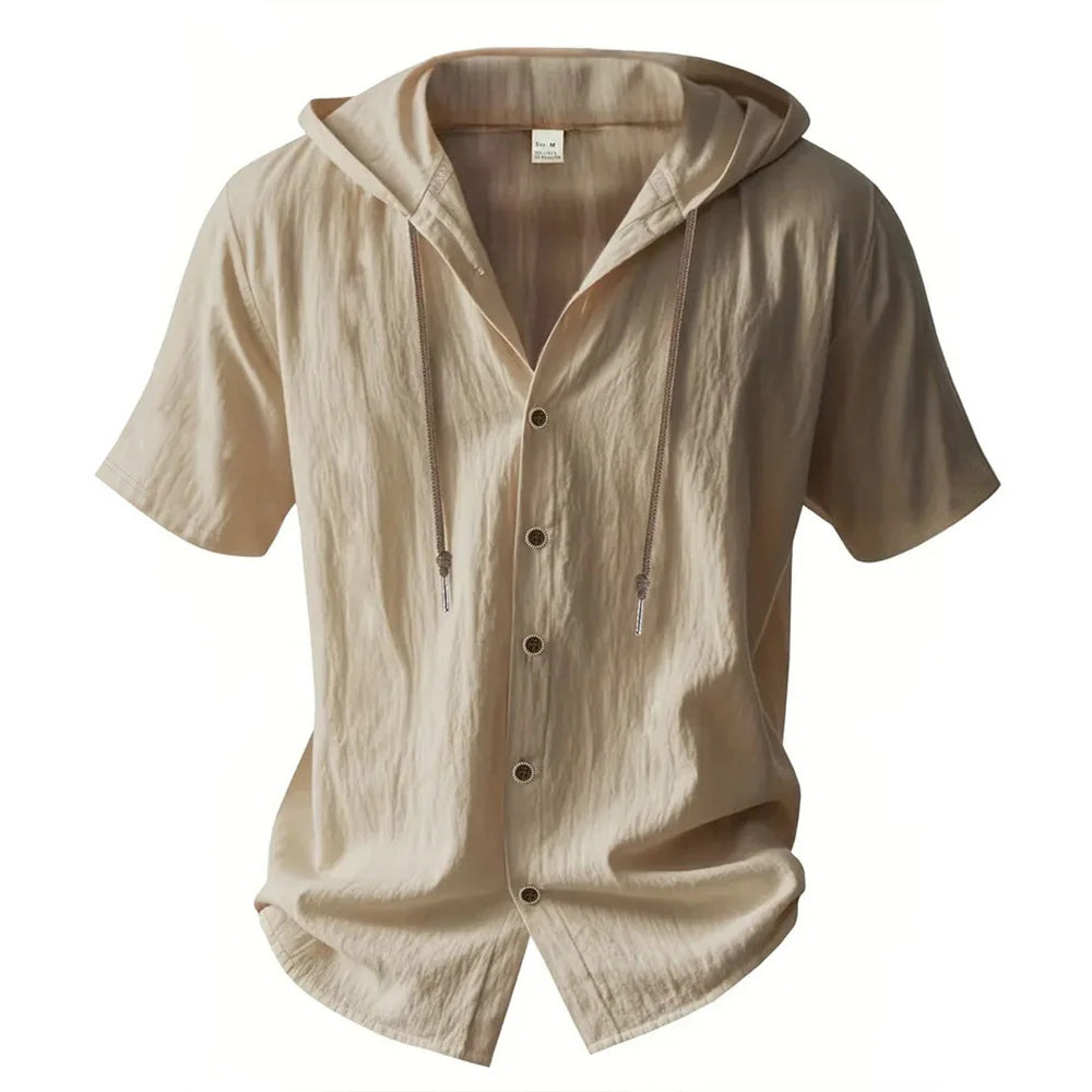 Men's Cotton Linen Hooded Shirt – Short Sleeve Button-Up with Drawstring