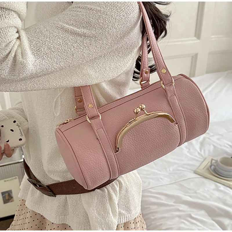Vintage Cylinder Shoulder Bag With Kiss-lock Closure Soft Leather