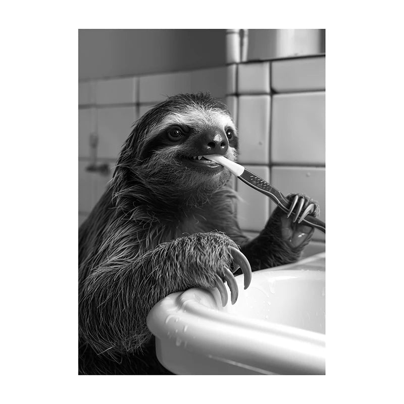 Funny Animal Bathroom Wall Art Poster – Black & White Vintage Print