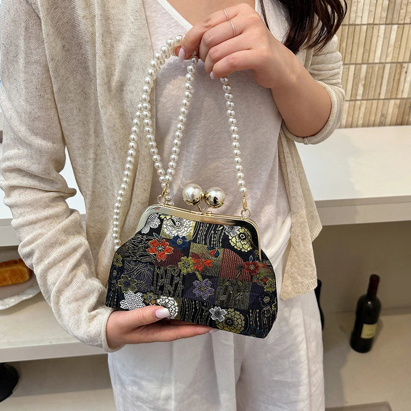Floral Embroidery Kiss-Lock Shoulder Bag with Pearl Chain