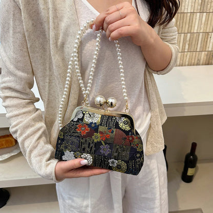 Floral Embroidery Kiss-Lock Shoulder Bag with Pearl Chain