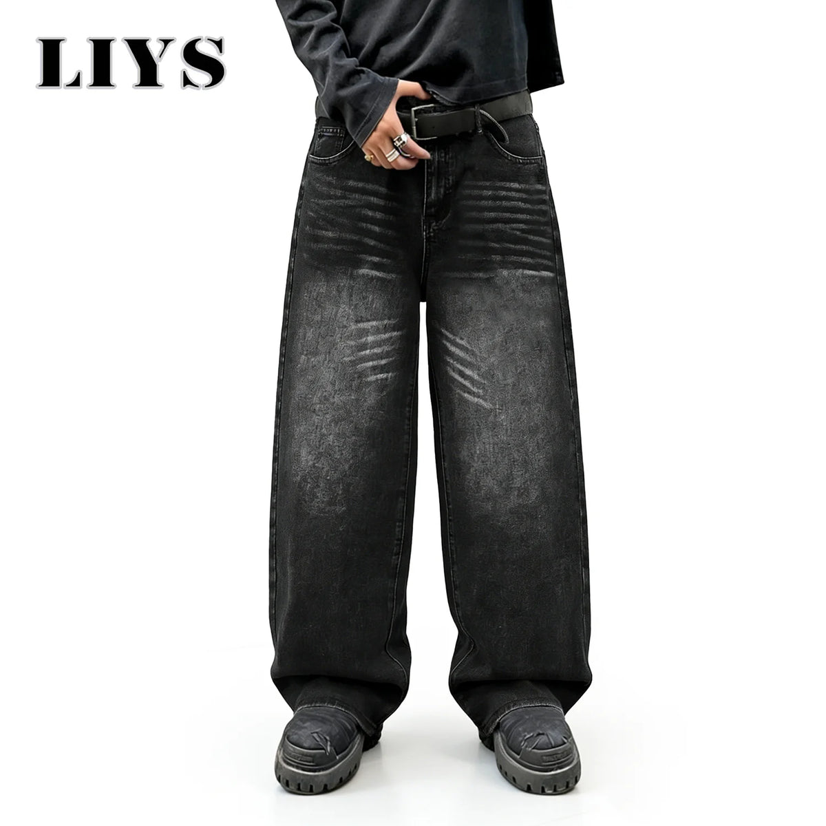 LIYS Graffiti Print Baggy Wide Leg Jeans – Black Washed Unisex Streetwear