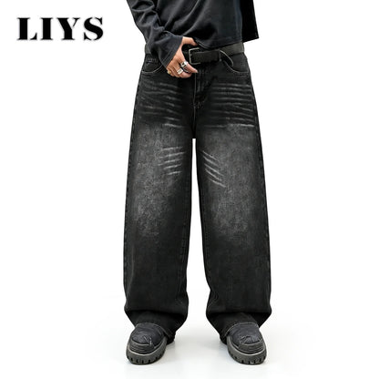 LIYS Graffiti Print Baggy Wide Leg Jeans – Black Washed Unisex Streetwear