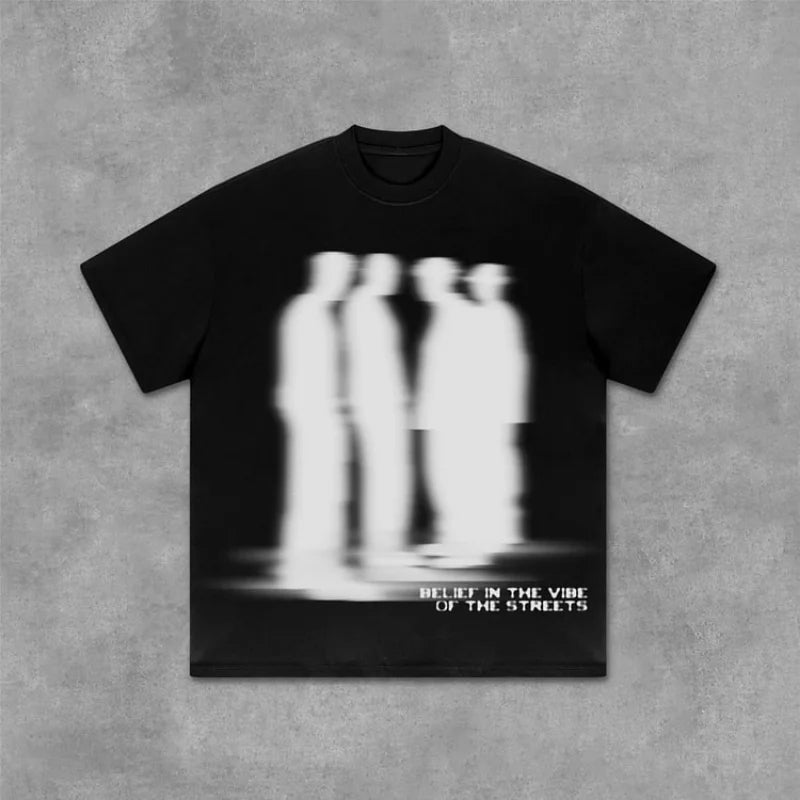 Oversized Graphic Cotton T-Shirt Men Y2K Vintage Shadow Print Streetwear Tee