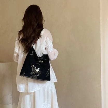 Vintage Landscape Embroidery Black Handbag