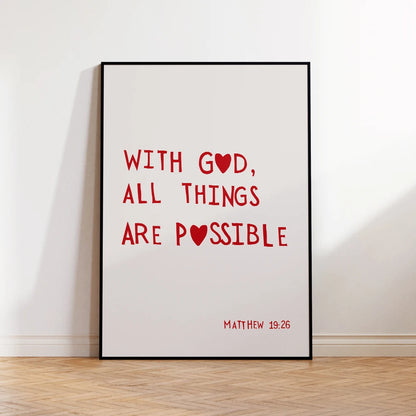 Matthew 19:26 Bible Verse Wall Art Print – With God All Things Are Possible Poster