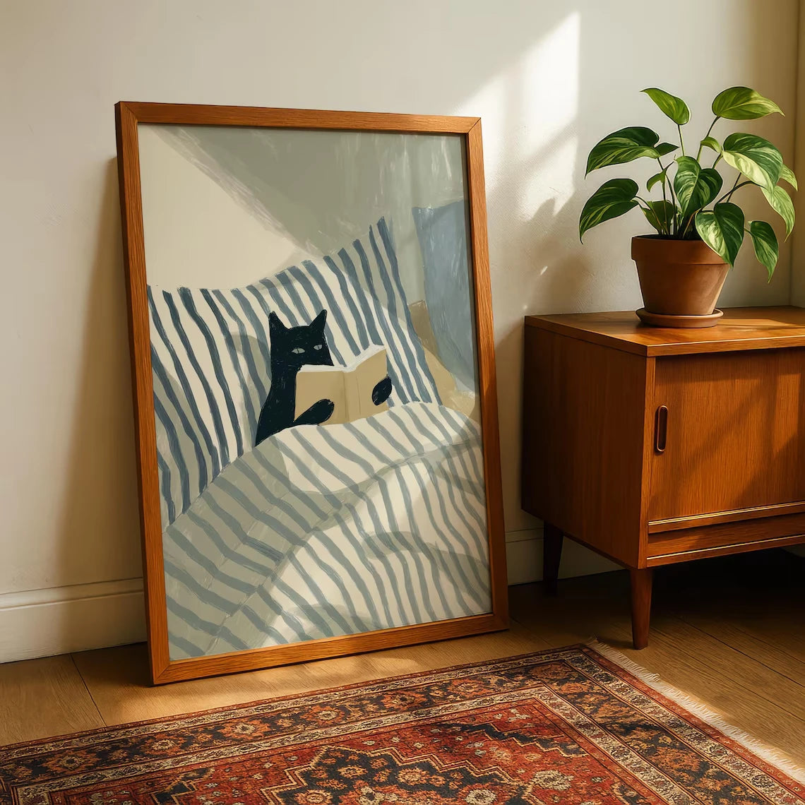 Black Cat Reading Wall Art Print – Cosy Bedroom Poster