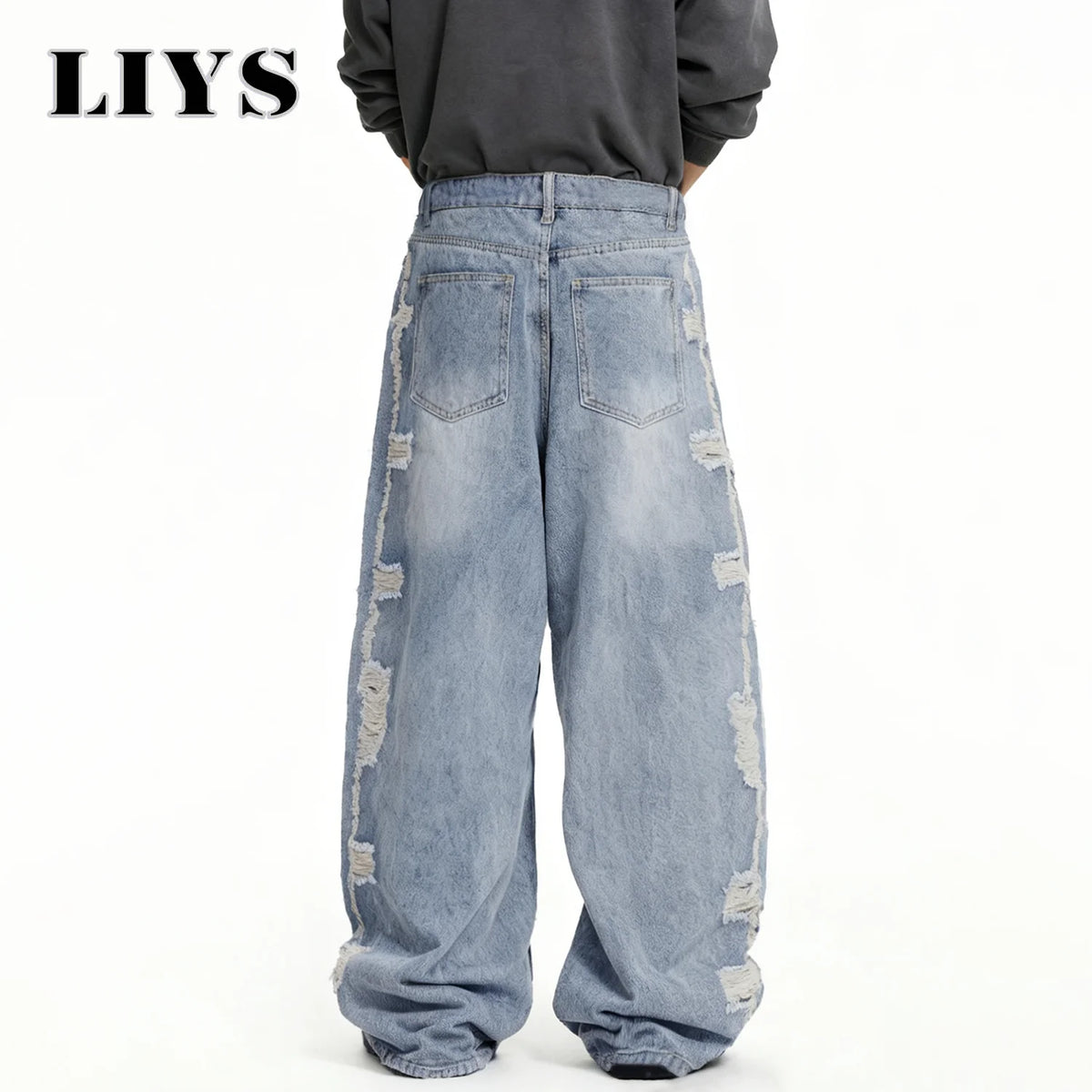 Men S American Retro Street Blue Baggy Wide Leg Jeans Korean Side Ripped Loose Personalized Design
