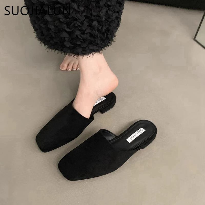 Women's Slip-On Mule Flats – Square Toe Suede Backless Shoes