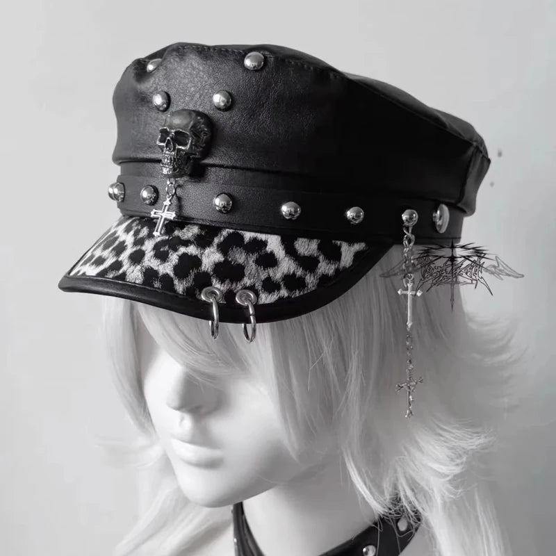PU Leather Punk Military Cap Women Skull Chain Hat