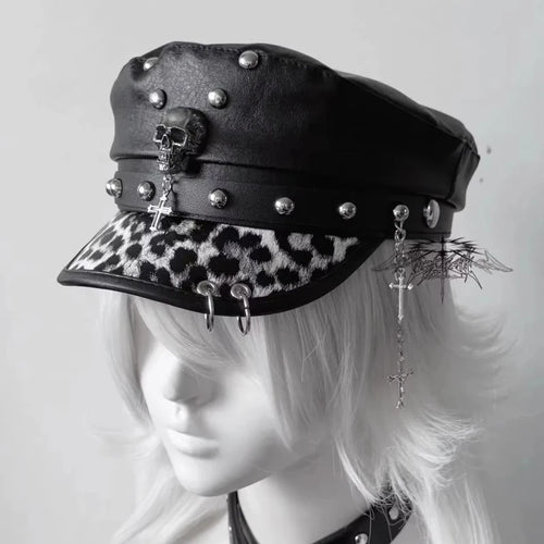 PU Leather Punk Military Cap Women Skull Chain Hat