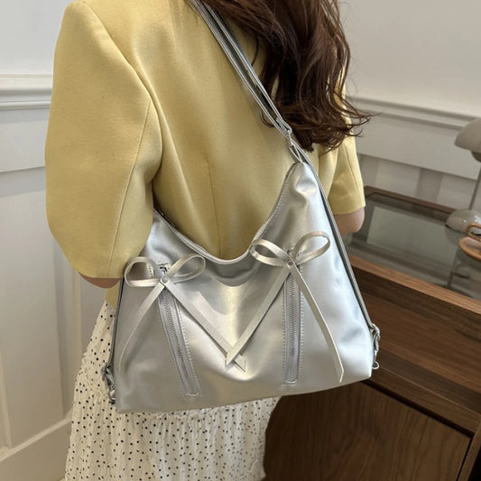 Silver Small Bow Pu Leather Shoulder Bags