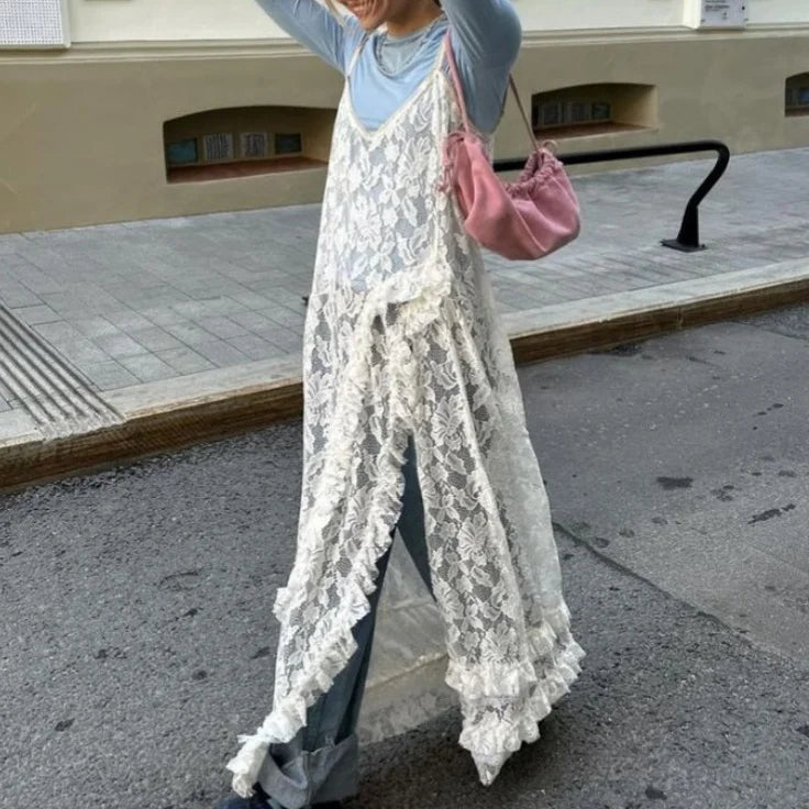 Sheer White Lace Cover-Up Maxi Dress – Spaghetti Strap Cami