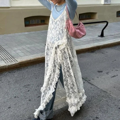 Sheer White Lace Cover-Up Maxi Dress – Spaghetti Strap Cami