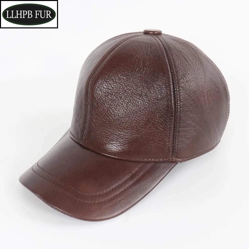 Men's Genuine Leather Baseball Cap with Earflaps