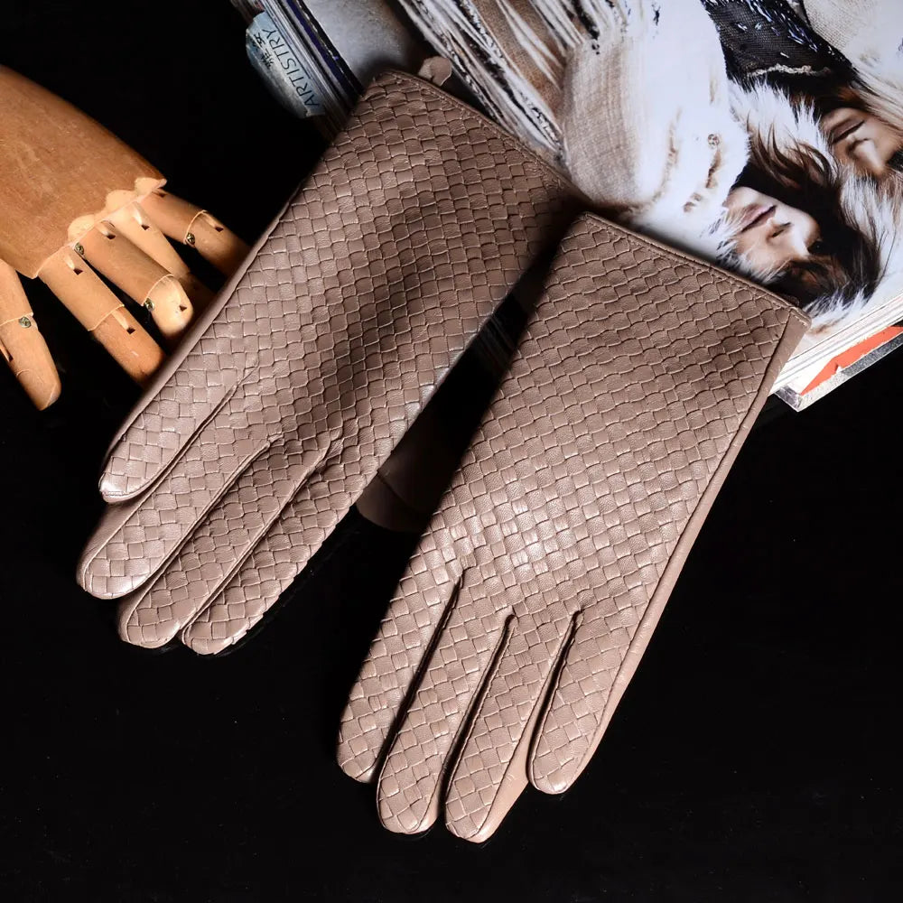 Women's Genuine Leather Gloves – Elegant Woven Design