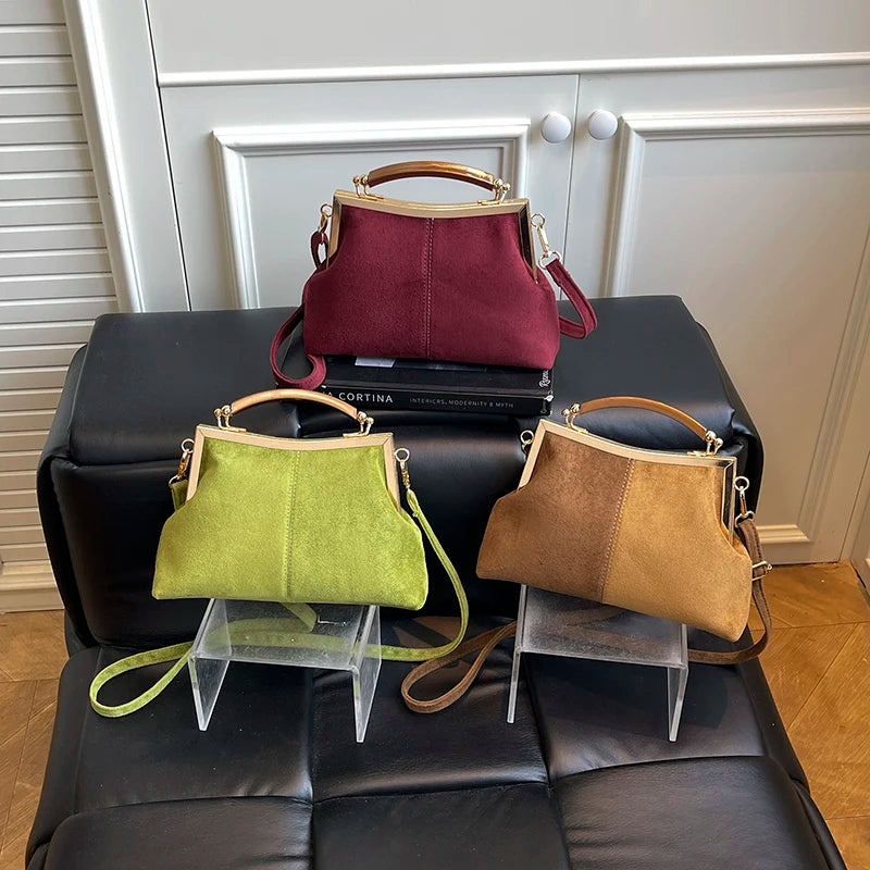 Suede Frame Bag with Wooden Handle for Women – Vintage Retro