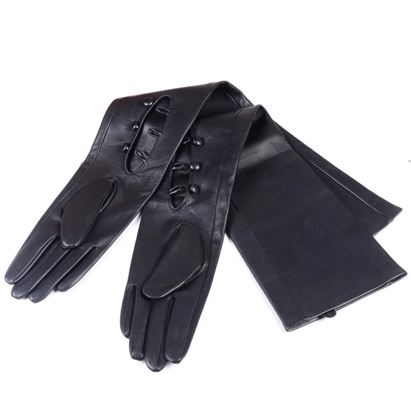 Women's Long Leather Gloves with Buttons – Unlined Evening Gloves 40–80cm
