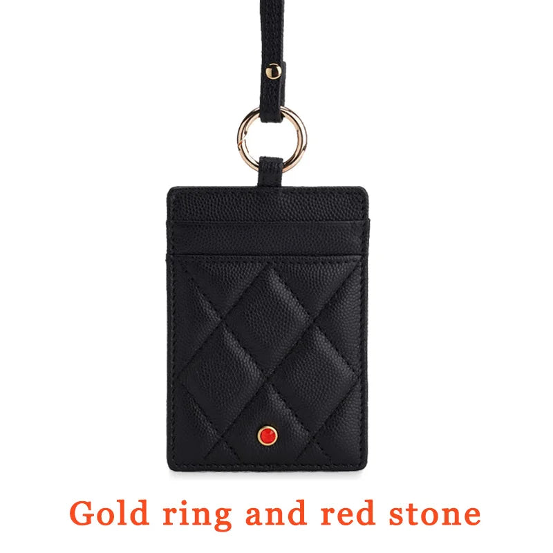 Hiram Beron Luxury Leather ID Card Holder with Neck Strap & Gemstone