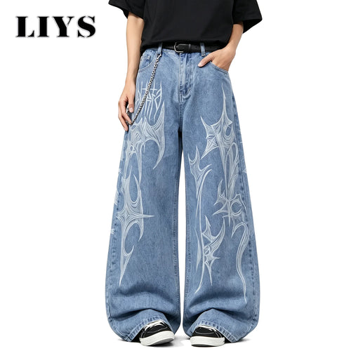 Tribal Graffiti Print Baggy Wide-Leg Jeans – Unisex Hip Hop Style