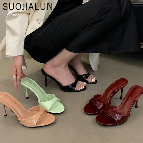 Women's Open-Toe Stiletto Heel Slides – Elegant Patent Mule Pumps
