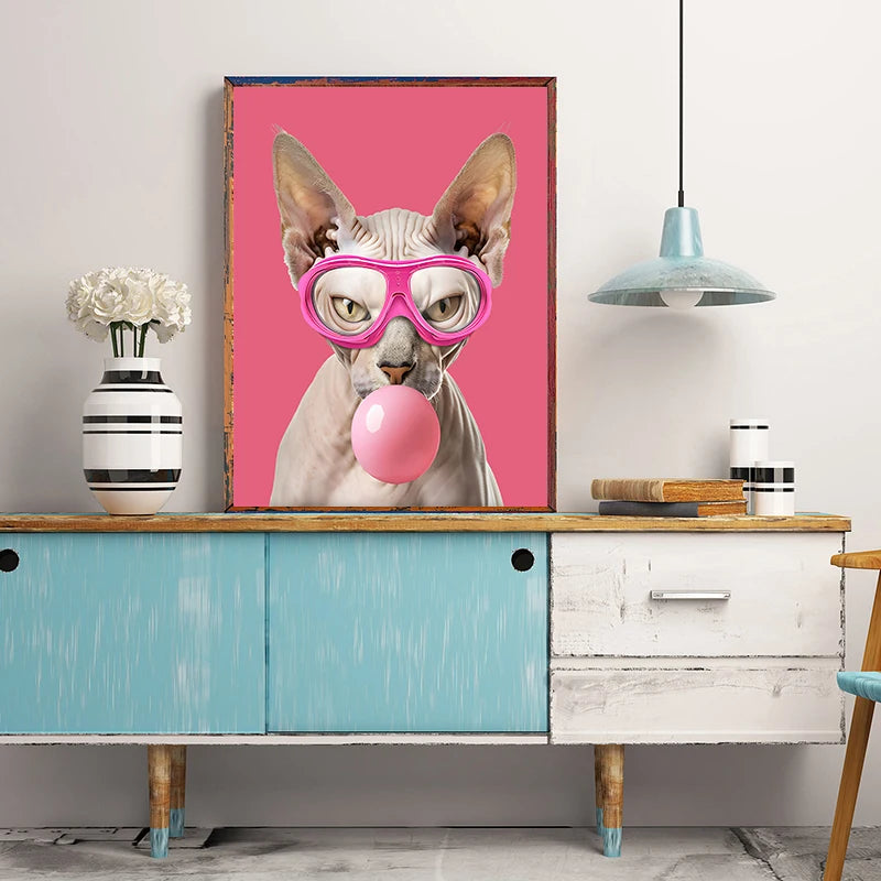 Funny Dog Bubble Gum Poster – Pomeranian with Pink Glasses Wall Art Print