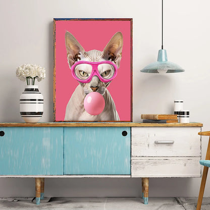 Funny Dog Bubble Gum Poster – Pomeranian with Pink Glasses Wall Art Print