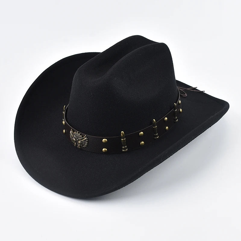 Men Women Western Cowboy Hat Leather Vintage Big-Edge Gentleman Cowgirl Cloche Church Caps