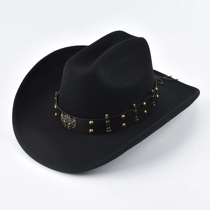Men Women Western Cowboy Hat Leather Vintage Big-Edge Gentleman Cowgirl Cloche Church Caps