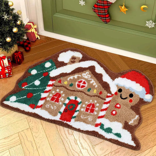 Christmas Gingerbread House Rug – Soft Fluffy Holiday Floor Mat