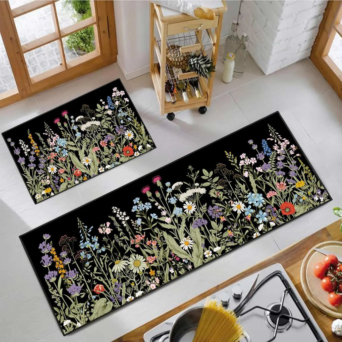 2-Piece Boho Kitchen Rug Set – Stain-Resistant Floral Patchwork Mat