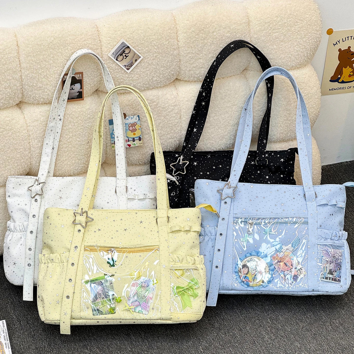 Star Print Nylon Tote Bag – Women's Shoulder Bag with Clear Pocket