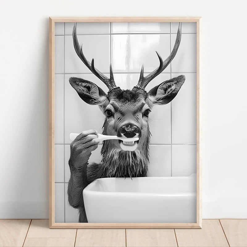 Funny Animal Bathroom Wall Art Poster – Black & White Vintage Print