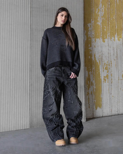 Raw Edge Patchwork Baggy Jeans – Unisex Y2K Hip Hop Streetwear