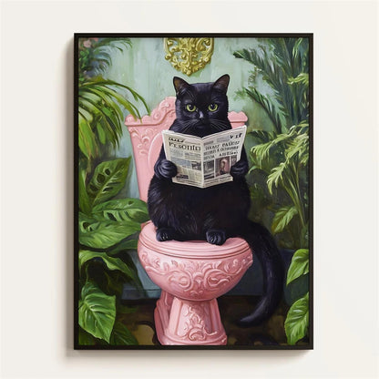 Black Cat Reading Newspaper Bathroom Poster – Funny Wall Art Print