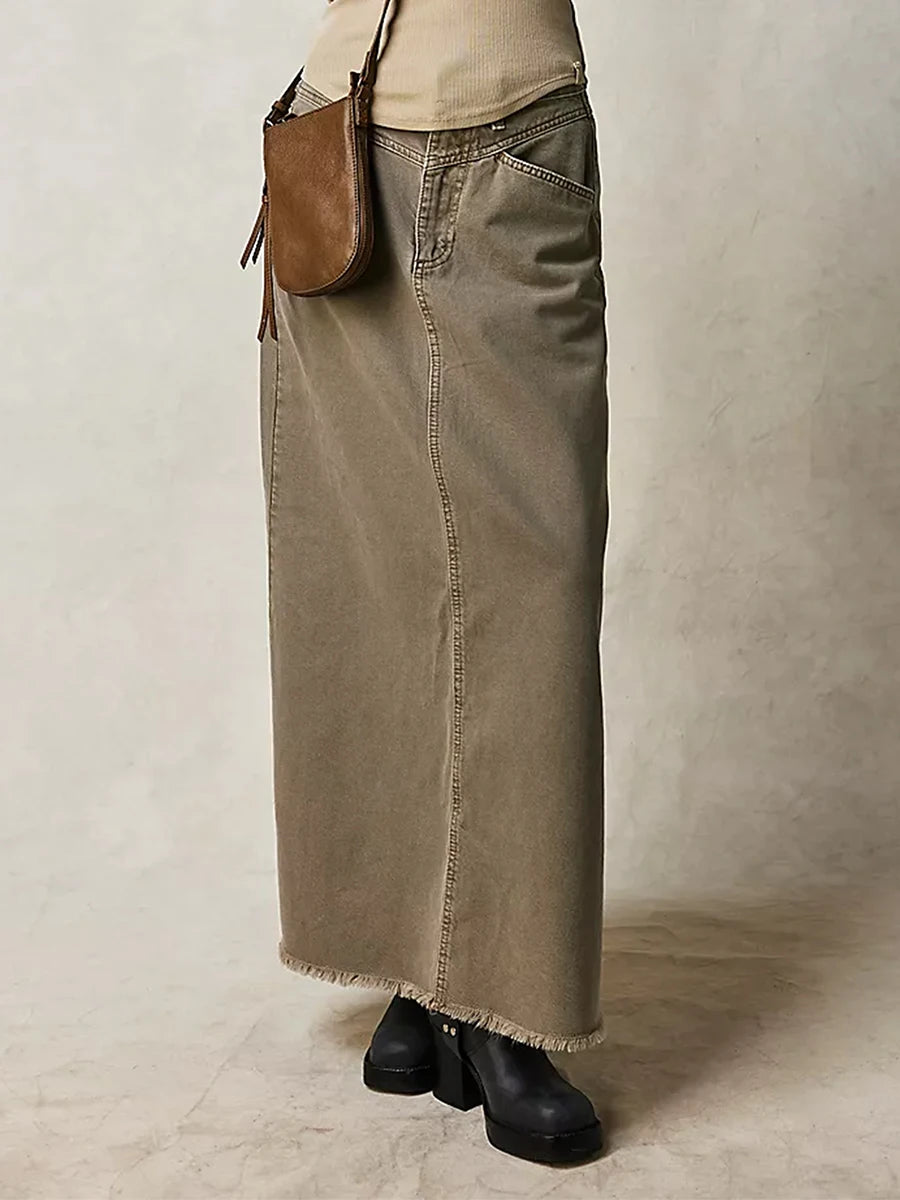 Y2K Vintage Denim Maxi Skirt – Women's A-Line Frayed Hem Long Jean Skirt